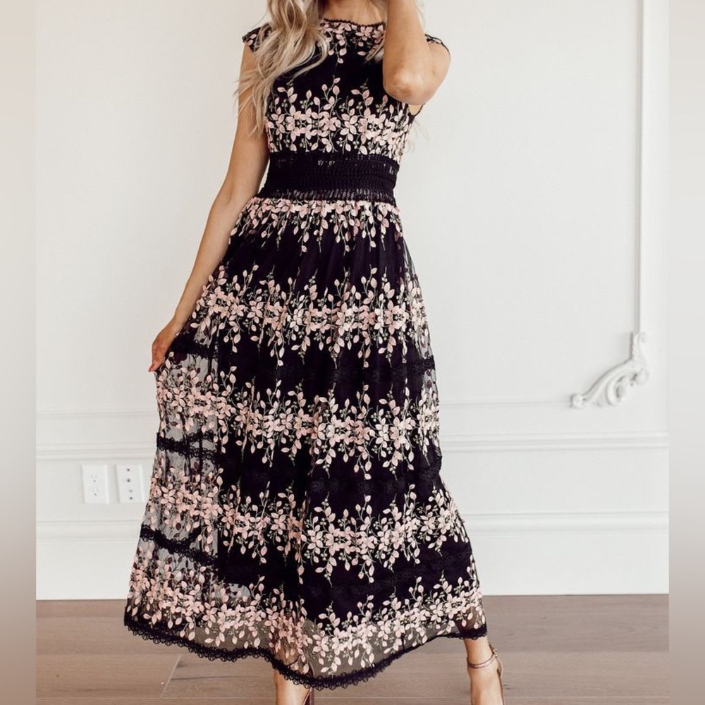 JessaKae Black Maxi Dress with Pink Floral Embroidery